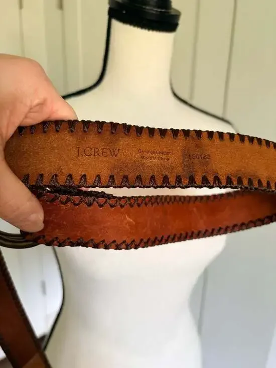 J.Crew Women's S/M Brown Leather Whipstitch Double Ring Belt - Picture 5 of 8